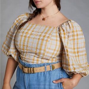 Anthropologie Maeve Plaid Square-Neck Blouse Yellow
